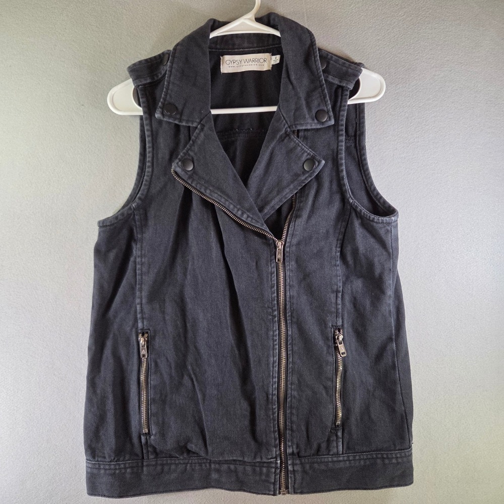 Gypsy Warrior Black Denim Moto Vest Asymmetrical Zip Sleeveless Jacket Medium